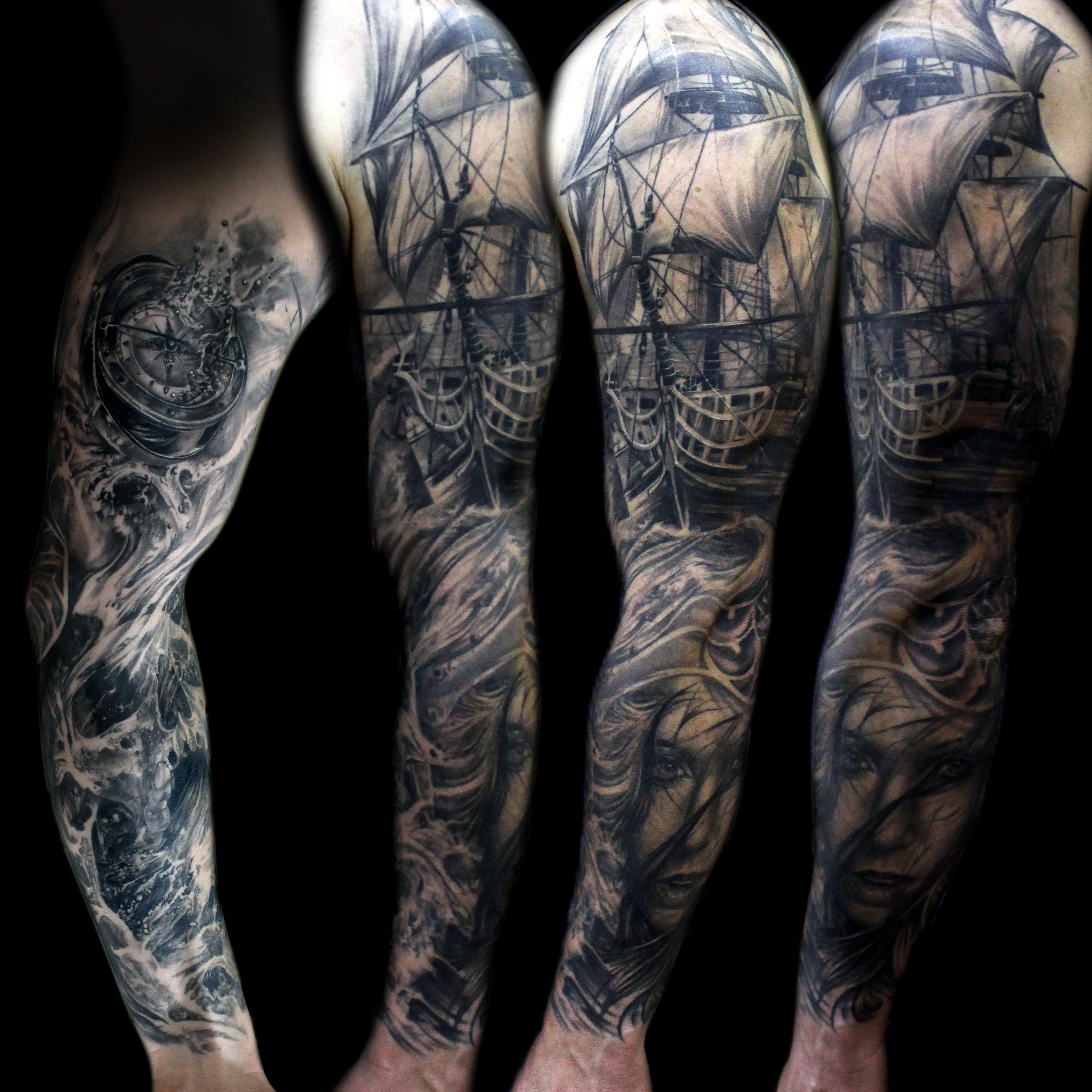 ocean-ship-compass-sleeve-tattoo-mancia - Stygian Gallery