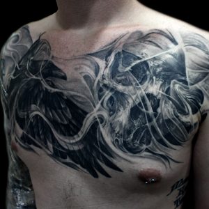skull and raven chest piece